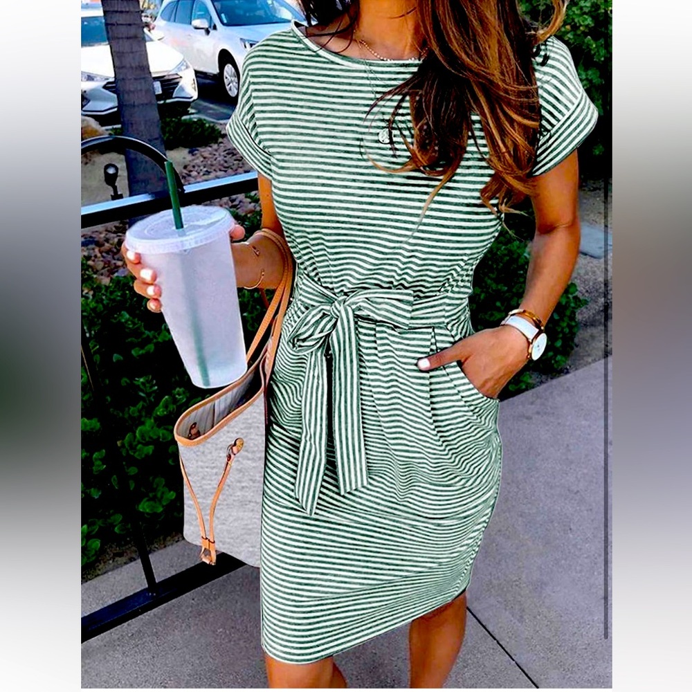 Striped Short Sleeve T Shirt Dress with a Tie Waist and Pockets!